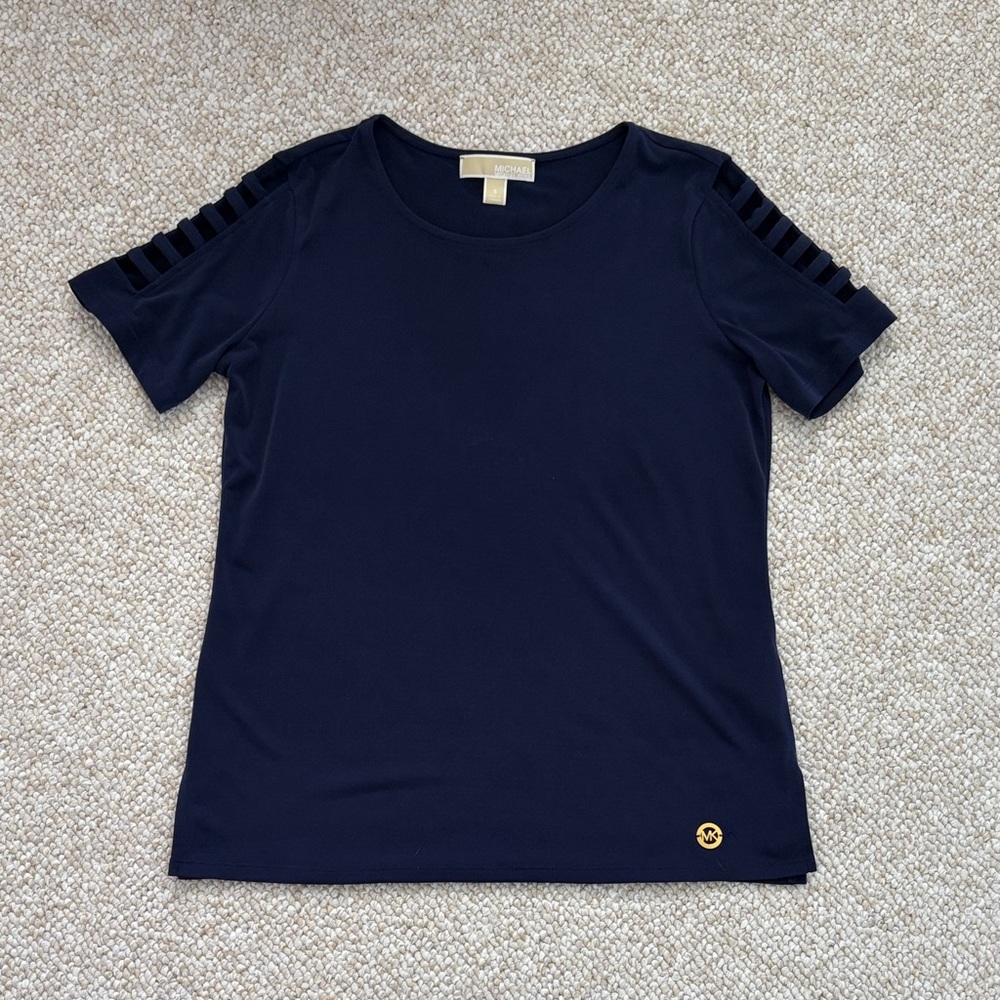 Michael Kors Navy Short Sleeve Top—ladder slit @ shoulder, polyester top.